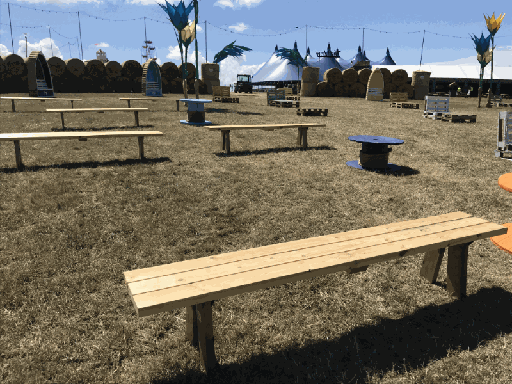 Benches set up at a festival